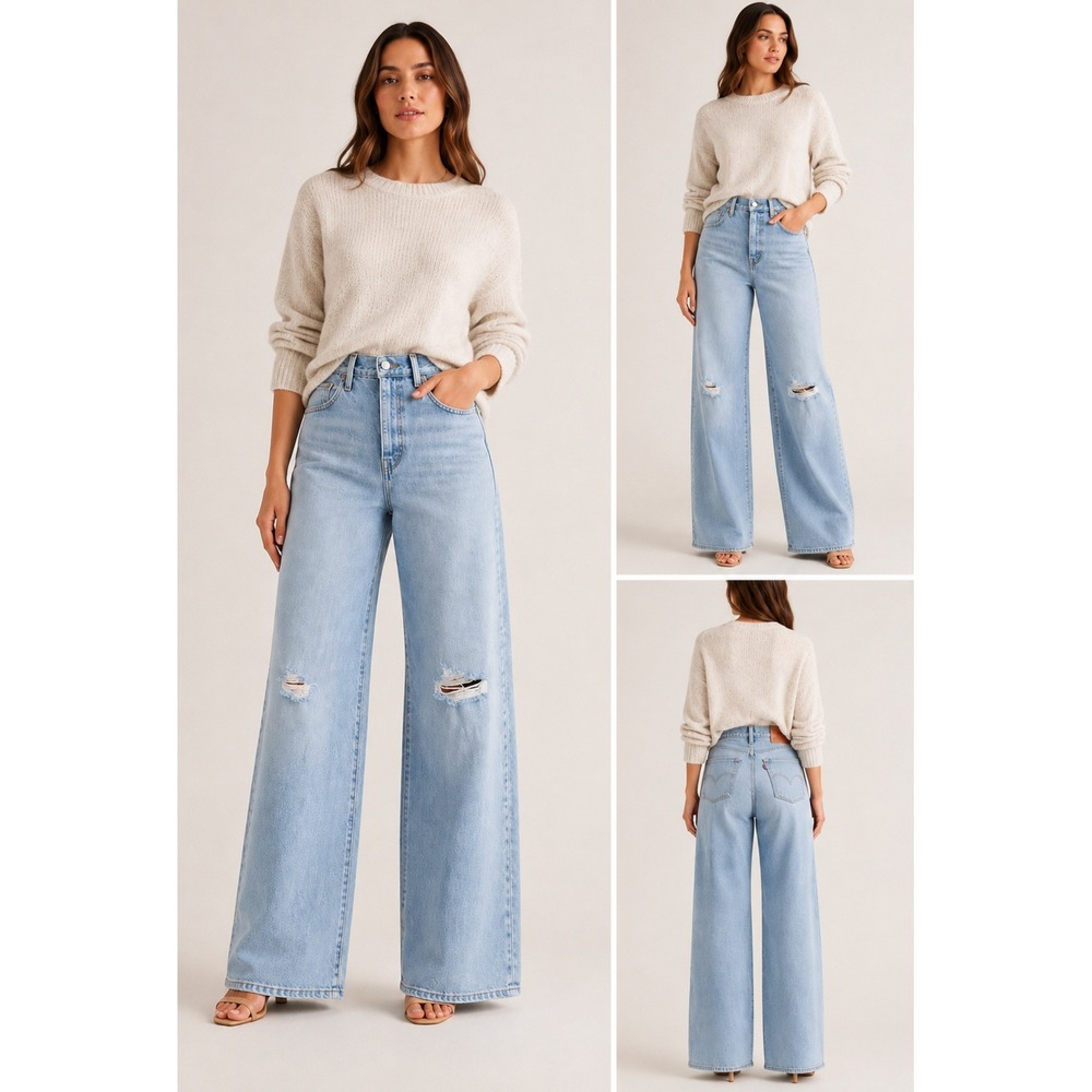 Levis High Rise Wide Leg Distressed Light Wash Blue Ripped Denim Jeans 25